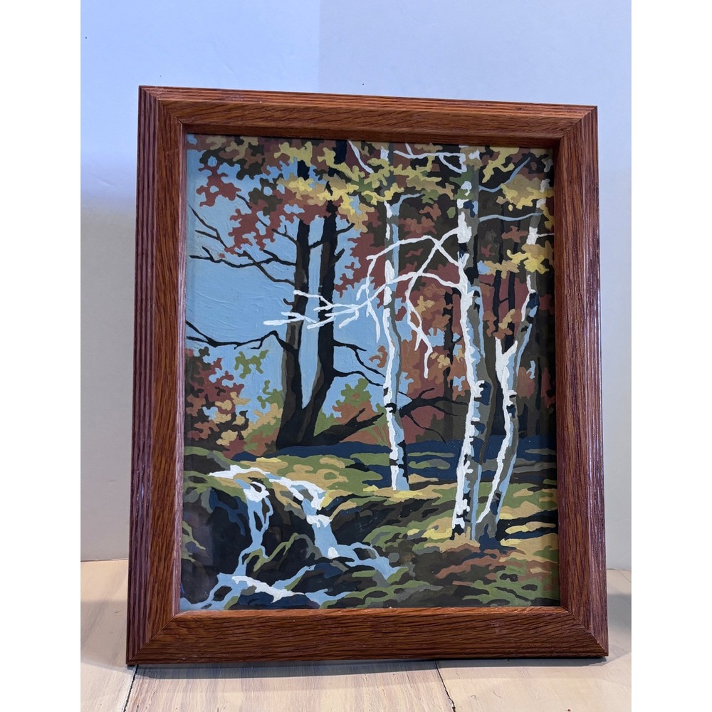 Vintage Paint by Number Forest Landscape Birch Trees Waterfall Framed 9.5"x11.5"